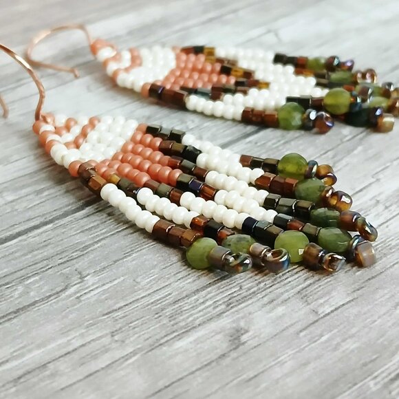 Jade Beaded Fringe Dangle Earrings, Earthy Tones, 2.75" - Picture 2 of 6